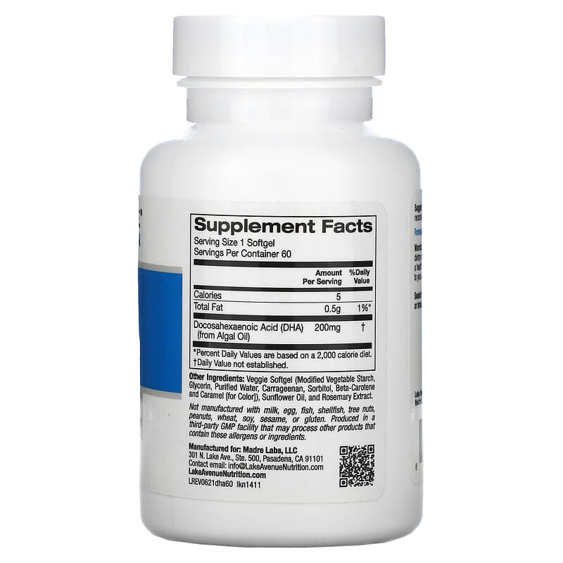 Lake Avenue Nutrition DHA from Marine Algae 200 mg 60 Veggie Softgels 2 Thành phần vi chất của Lake Avenue Nutrition DHA from Marine Algae 200 mg 60 Veggie Softgels 898220014118