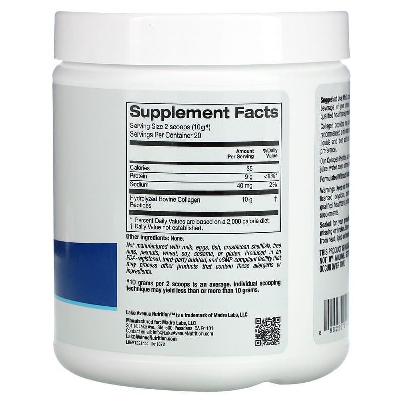 Lake Avenue Nutrition Hydrolyzed Collagen Peptides Type I & III Unflavored 7.05 oz (200 g) 2 Thành phần vi chất của Lake Avenue Nutrition Hydrolyzed Collagen Peptides Type I & III Unflavored 7.05 oz (200 g) 898220018727