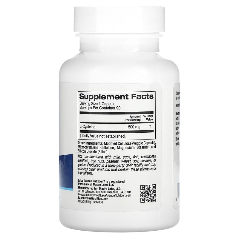 Lake Avenue Nutrition L-Cysteine 500 mg 90 Veggie Capsules 2 Thành phần vi chất của Lake Avenue Nutrition L-Cysteine 500 mg 90 Veggie Capsules 898220020508