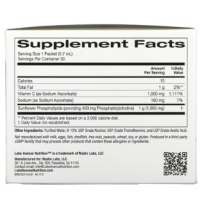 Thành phần vi chất của Lake Avenue Nutrition Liposomal Vitamin C Unsweetened 1.000 mg 30 Packets 0.2 oz (5.7 ml) Each 898220017515