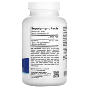 Thành phần vi chất của Lake Avenue Nutrition Magnesium Bisglycinate Chelate with TRAACS® 100 mg 240 Tablets 898220016730