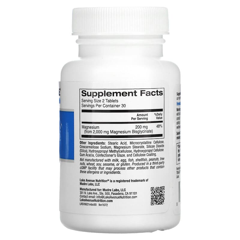 Lake Avenue Nutrition Magnesium Bisglycinate Chelate with TRAACS 100 mg 60 Tablets 2 Thành phần vi chất của Lake Avenue Nutrition Magnesium Bisglycinate Chelate with TRAACS 100 mg 60 Tablets 898220016723