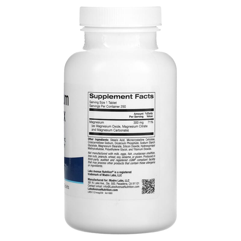 Lake Avenue Nutrition Magnesium Complex 300 mg 250 Tablets 2 Thành phần vi chất của Lake Avenue Nutrition Magnesium Complex 300 mg 250 Tablets 898220016600
