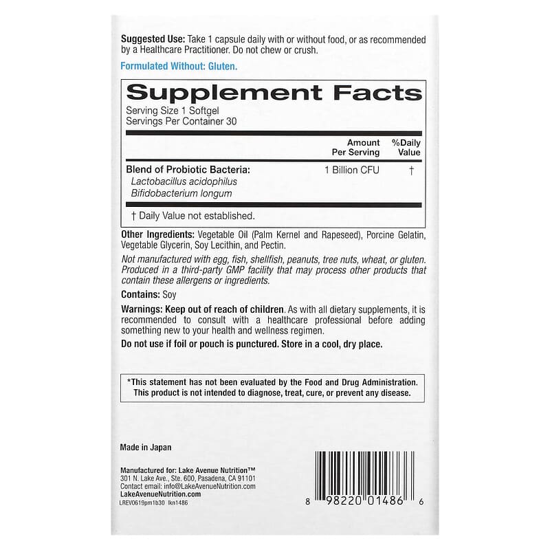 Lake Avenue Nutrition Probiotic Minis 2 Strain Blend 1 Billion CFU 30 Softgels 2 Thành phần vi chất của Lake Avenue Nutrition Probiotic Minis 2 Strain Blend 1 Billion CFU 30 Softgels 898220014866