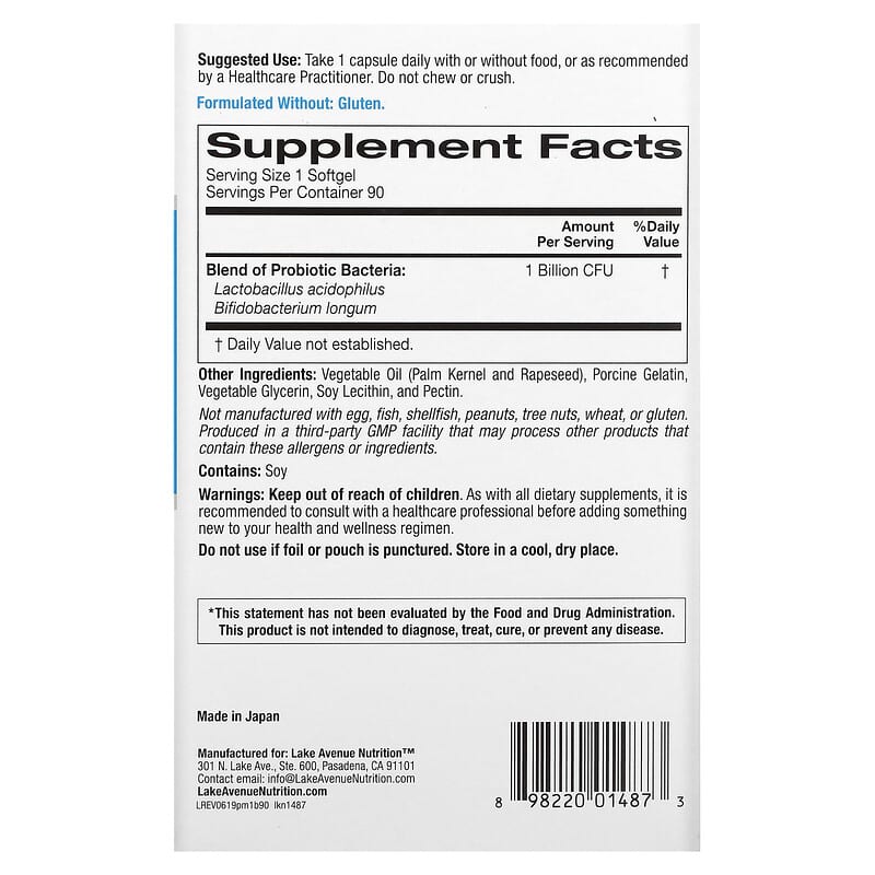 Lake Avenue Nutrition Probiotic Minis 2 Strain Blend 1 Billion CFU 90 Softgels 2 Thành phần vi chất của Lake Avenue Nutrition Probiotic Minis 2 Strain Blend 1 Billion CFU 90 Softgels 898220014873