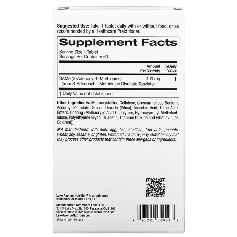 Lake Avenue Nutrition SAMe (Disulfate Tosylate) 400 mg 60 Enteric Coated Tablets 2 Thành phần vi chất của Lake Avenue Nutrition SAMe (Disulfate Tosylate) 400 mg 60 Enteric Coated Tablets 898220016518