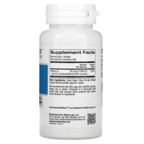 Thành phần vi chất của Lake Avenue Nutrition Vitamin D3 25 mcg (1.000 IU) 360 Softgels 898220014170