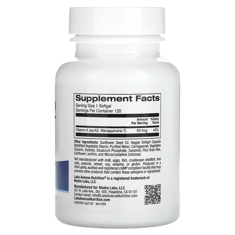 Lake Avenue Nutrition Vitamin K2 (as Menaquinone-7) 50 mcg 120 Veggie Softgels 2 Thành phần vi chất của Lake Avenue Nutrition Vitamin K2 (as Menaquinone-7) 50 mcg 120 Veggie Softgels 898220015504