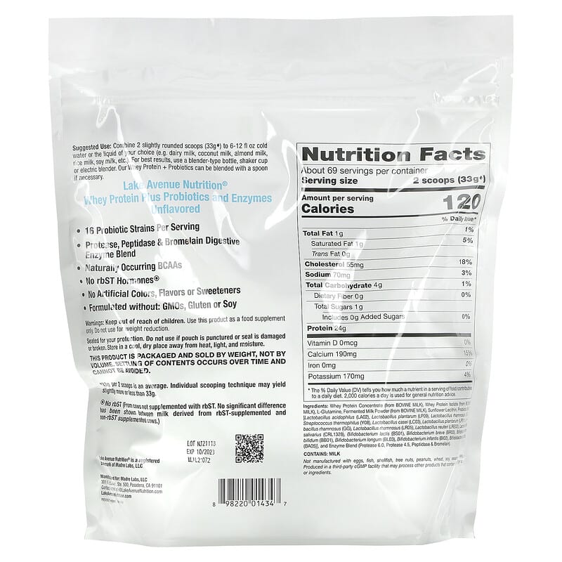 Lake Avenue Nutrition Whey Protein Plus Probiotics and Enzymes Unflavored 5 lb (2.27 kg) 2 Thành phần vi chất của Lake Avenue Nutrition Whey Protein Plus Probiotics and Enzymes Unflavored 5 lb (2.27 kg) 898220014347