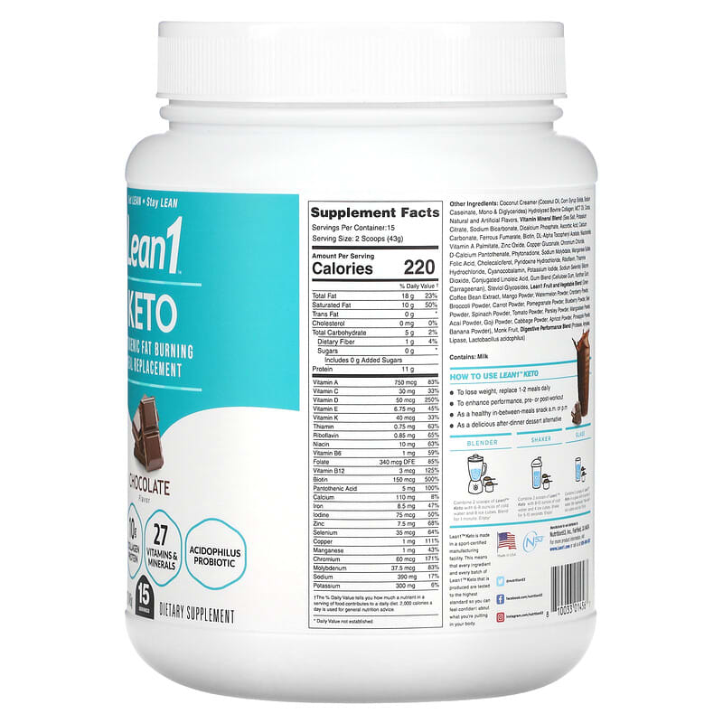 Lean1 Keto Ketogenic Fat Burning Meal Replacement Chocolate 1.4 lb (645 g) 2 Thành phần vi chất của Lean1 Keto Ketogenic Fat Burning Meal Replacement Chocolate 1.4 lb (645 g) 810033014567