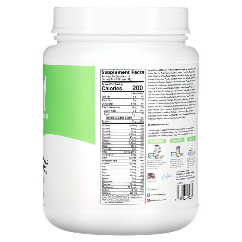 Lean1 Original Fat Burning Meal Replacement Protein Shake Vanilla 1.7 lbs (780 g) 2 Thành phần vi chất của Lean1 Original Fat Burning Meal Replacement Protein Shake Vanilla 1.7 lbs (780 g) 810033010828