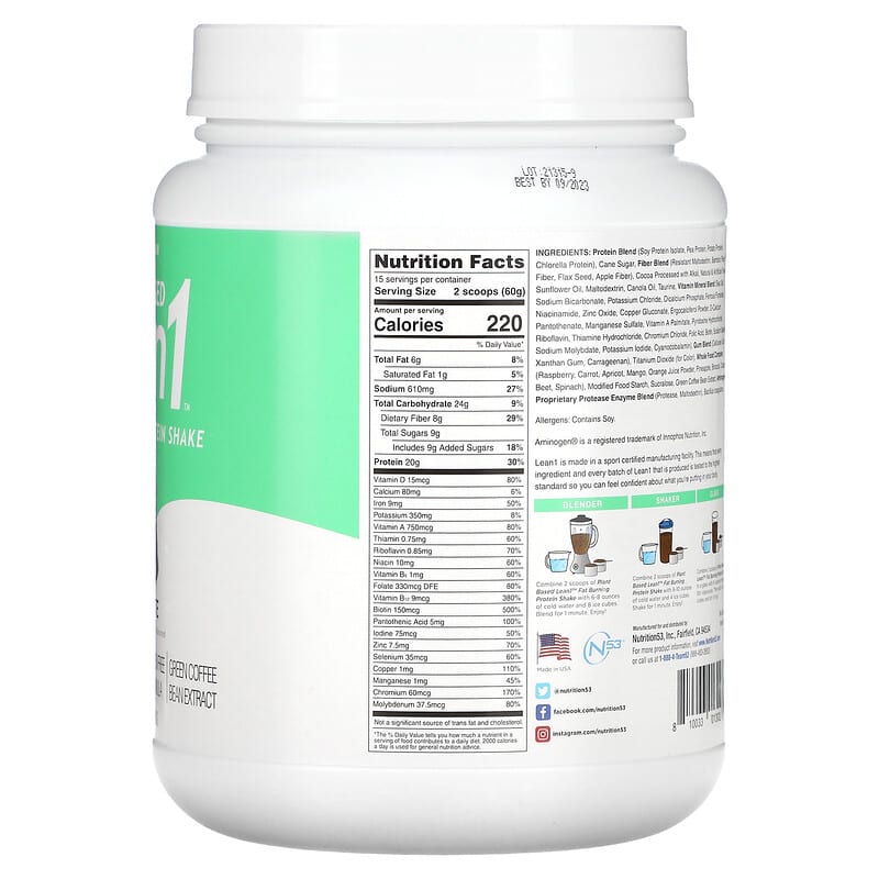 Lean1 Plant Based Fat Burning Protein Shake Chocolate 2 lb (900 g) 2 Thành phần vi chất của Lean1 Plant Based Fat Burning Protein Shake Chocolate 2 lb (900 g) 810033013027
