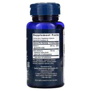 Thành phần vi chất của Life Extension Black Elderberry + Vitamin C 60 Vegetarian Capsules 737870241065