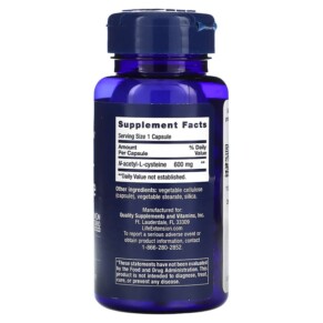 Thành phần vi chất của Life Extension N-Acetyl-L-Cysteine 600 mg 60 Capsules 737870154365