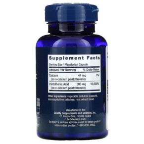 Thành phần vi chất của Life Extension Pantothenic Acid Vitamin B-5 500 mg 100 Vegetarian Capsules 737870202813