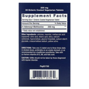 Thành phần vi chất của Life Extension SAMe S-Adenosyl-Methionine 200 mg 30 Enteric Coated Vegetarian Tablets 737870217534