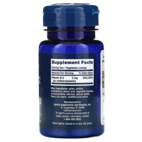Thành phần vi chất của Life Extension Vitamin B12 Methylcobalamin 5 mg 60 Vegetarian Lozenges 737870153764