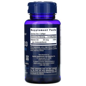 Thành phần vi chất của Life Extension Vitamin D3 25 mcg (1.000 IU) 250 Softgels 737870175124