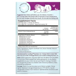 Thành phần vi chất của LoveBug Probiotics Baby Probiotic Drops 5 Billion CFU 0.34 fl oz (10 ml) 850002716412