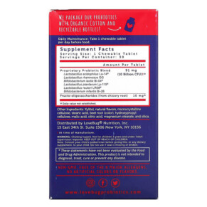 Thành phần vi chất của LoveBug Probiotics Kids Probiotics Delicious Berry 10 Billion CFU 30 Chewable Tablets 850002716245