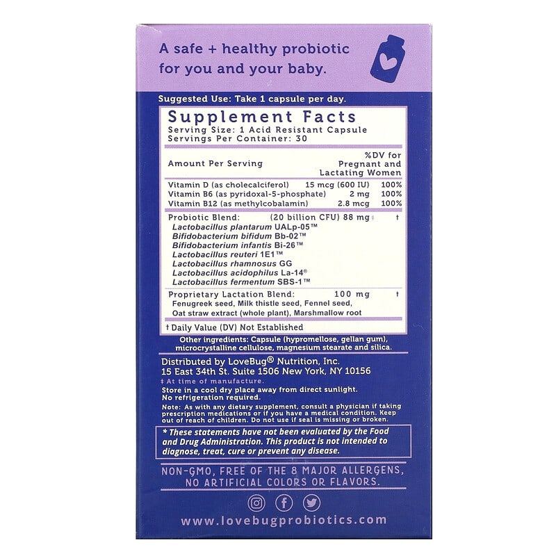 LoveBug Probiotics Postnatal Probiotic 20 Billion CFU 30 Count 2 Thành phần vi chất của LoveBug Probiotics Postnatal Probiotic 20 Billion CFU 30 Count 864377000168