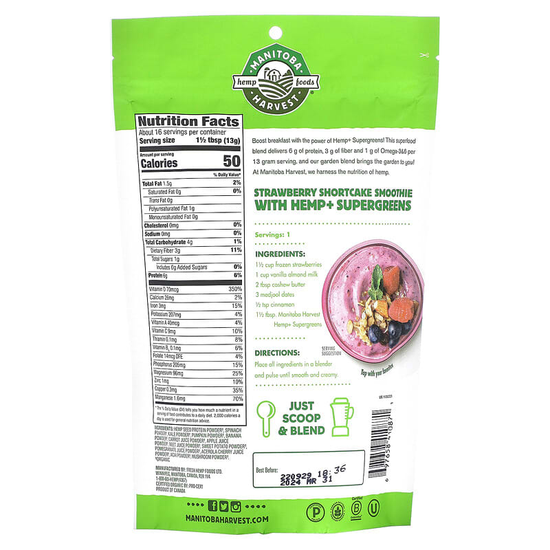 Manitoba Harvest Organic Hemp+ Supergreens 7.5 oz (213 g) 2 Thành phần vi chất của Manitoba Harvest Organic Hemp+ Supergreens 7.5 oz (213 g) 697658410871
