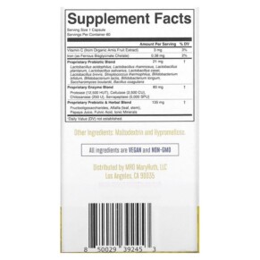 Thành phần vi chất của MaryRuth Organics Gut Flora Health + Enzymes 60 Capsules 850029392453