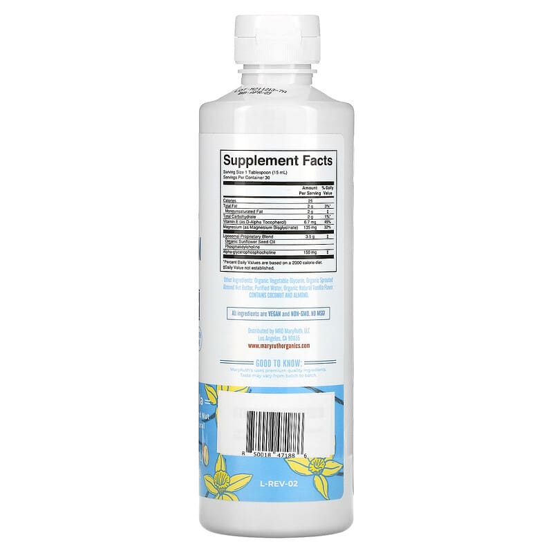 MaryRuth Organics Magnesium Calm Liposomal Almond Vanilla 15.22 fl oz (450 ml) 2 Thành phần vi chất của MaryRuth Organics Magnesium Calm Liposomal Almond Vanilla 15.22 fl oz (450 ml) 850018471886