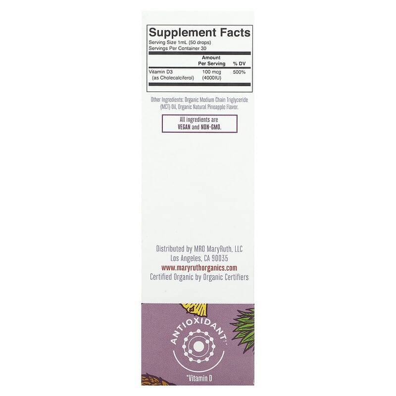 MaryRuth Organics Megadose Vitamin D3 Organic Liquid Drops Pineapple 1 fl oz (30 ml) 2 Thành phần vi chất của MaryRuth Organics Megadose Vitamin D3 Organic Liquid Drops Pineapple 1 fl oz (30 ml) 850036700630