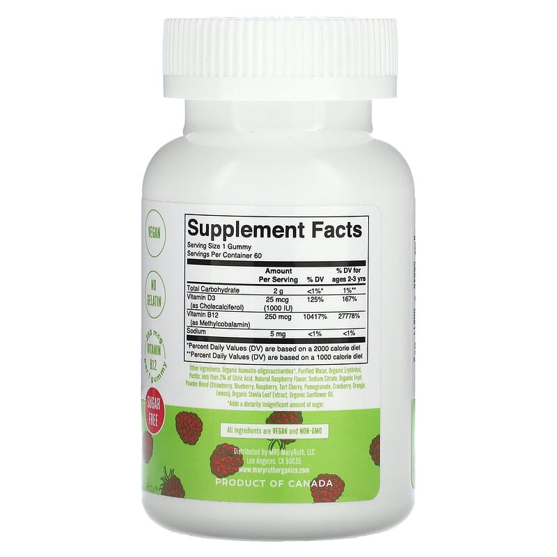 MaryRuth Organics Vitamin D3 + B12 Gummies Raspberry 60 Gummies 2 Thành phần vi chất của MaryRuth Organics Vitamin D3 + B12 Gummies Raspberry 60 Gummies 856645008112