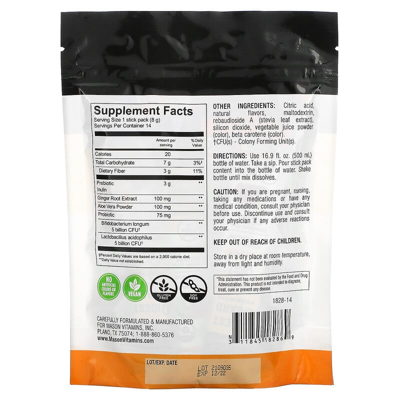 Mason Natural DigestGuard Prebiotic + Probiotic Strawberry Kiwi 14 Powder Stick Packs 2 Thành phần vi chất của Mason Natural DigestGuard Prebiotic + Probiotic Strawberry Kiwi 14 Powder Stick Packs 311845182869