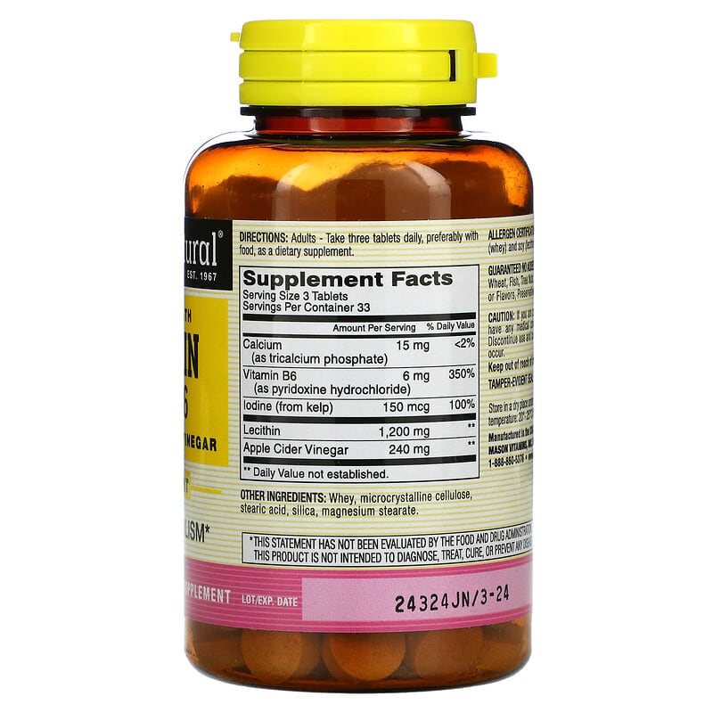 Mason Natural Extra Strength Lecithin Kelp/B6 Plus Apple Cider Vinegar 100 Tablets 2 Thành phần vi chất của Mason Natural Extra Strength Lecithin Kelp/B6 Plus Apple Cider Vinegar 100 Tablets 311845082213