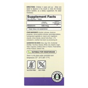 Thành phần vi chất của Mason Natural Healthy Kids Melatonin Ages 4 & Up Fruity 60 Tablets 311845185457