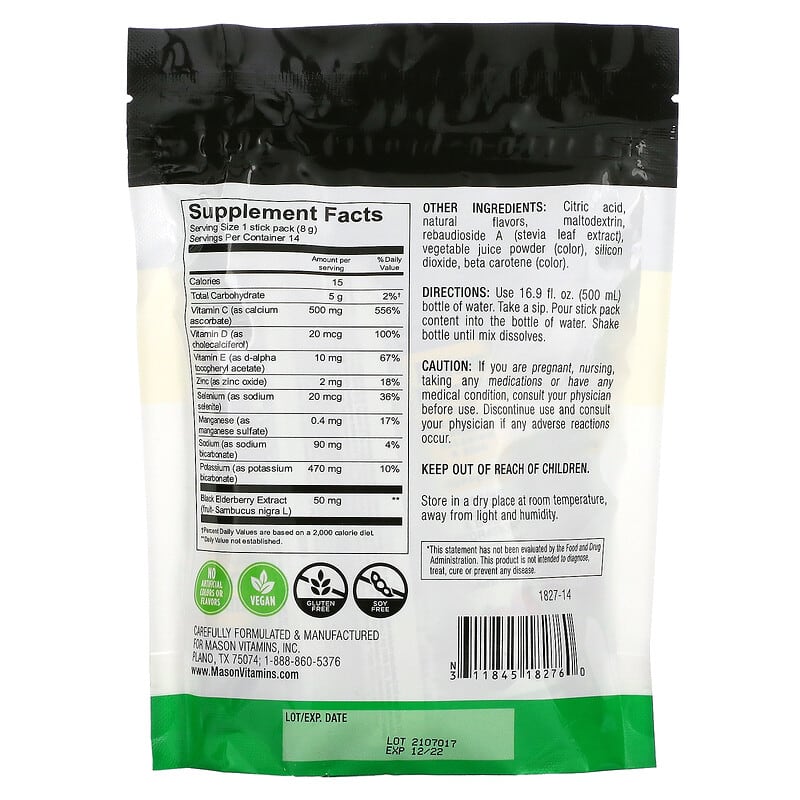 Mason Natural Immune Defense with Electrolytes Elderberry Selenium & Zinc Mixed Berry 14 Powder Stick Packs 4 oz (112 g) 2 Thành phần vi chất của Mason Natural Immune Defense with Electrolytes Elderberry Selenium & Zinc Mixed Berry 14 Powder Stick Packs 4 oz (112 g) 311845182760