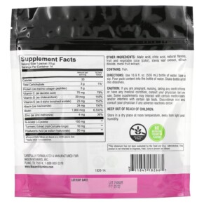 Thành phần vi chất của Mason Natural Marine Collagen with Biotin Hyaluronic Acid Turmeric & Zinc Blueberry Pomegranate 14 Packs 4.9 oz (140 g) 311845182661