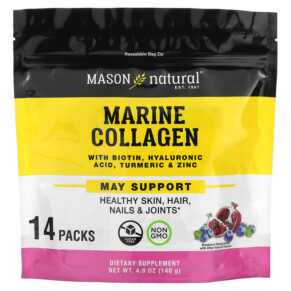 Thực phẩm chức năng Mason Natural Marine Collagen with Biotin Hyaluronic Acid Turmeric & Zinc Blueberry Pomegranate 14 Packs 4.9 oz (140 g) 311845182661