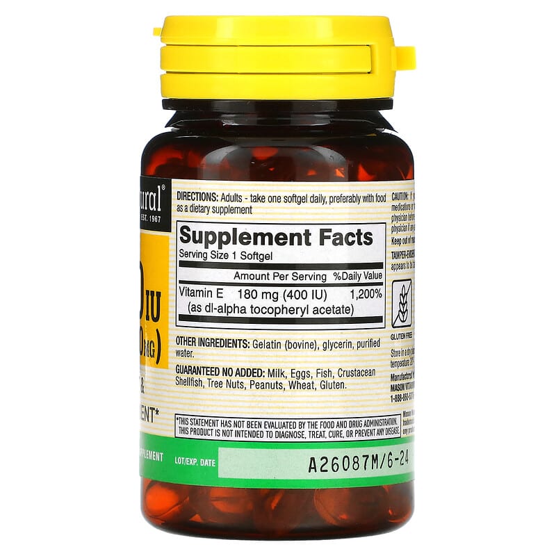 Mason Natural Vitamin E 180 mg (400 IU) 100 Softgels 2 Thành phần vi chất của Mason Natural Vitamin E 180 mg (400 IU) 100 Softgels 311845050519