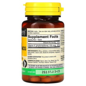 Thành phần vi chất của Mason Natural Vitamin K 100 mcg 100 Tablets 311845077912