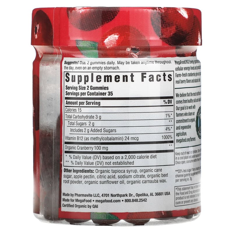 MegaFood B12 Energy Cranberry 70 Gummies 2 Thành phần vi chất của MegaFood B12 Energy Cranberry 70 Gummies 051494104095