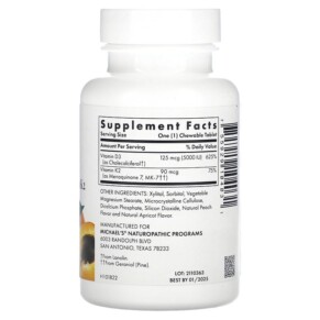 Thành phần vi chất của Michael's Naturopathic Vitamin D3 with Vitamin K2 Apricot 5.000 IU 90 Vegetarian Chewable Tablets 755929104031