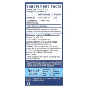 Thành phần vi chất của Mommy's Bliss Baby Probiotic Drops + Vitamin D New Born+ 400 IU 0.34 fl oz (10 ml) 679234055638