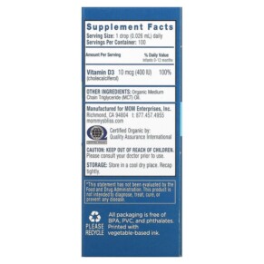 Thành phần vi chất của Mommy's Bliss Vitamin D Organic Drops Newborn + 0.11 fl oz (3.24 ml) 679234056024