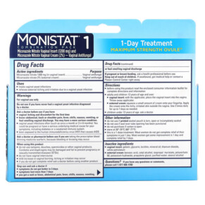 Thành phần vi chất của Monistat 1-Day Treatment Combination Pack Day or Night Ovule Maximum Strength 1 Ovule Insert 2.6 g + 0.32 oz (9 g) Tube 363736441807