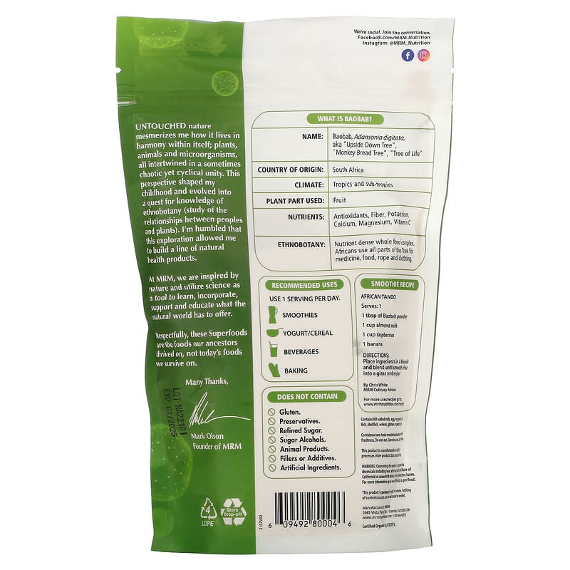 MRM Nutrition Organic Baobab Powder 8.5 oz (240 g) 2 Thành phần vi chất của MRM Nutrition Organic Baobab Powder 8.5 oz (240 g) 609492800046