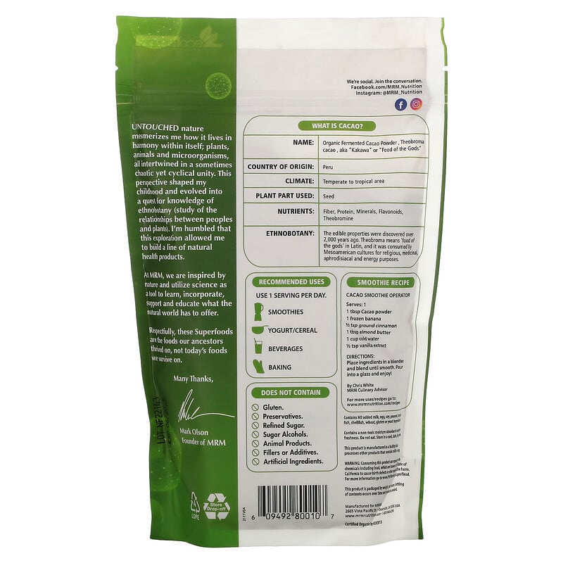 MRM Nutrition Organic Fermented Cacao Powder 8.5 oz (240 g) 2 Thành phần vi chất của MRM Nutrition Organic Fermented Cacao Powder 8.5 oz (240 g) 609492800107