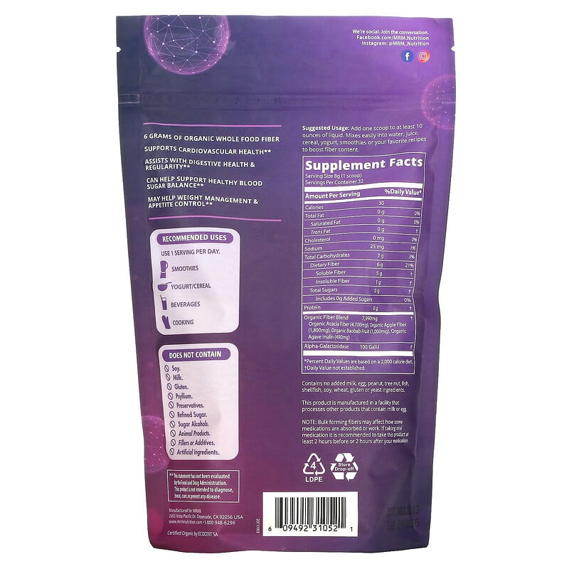 MRM Nutrition Whole Food Organic Fiber with Enzymes and Prebiotics 9.03 oz (256 g) 2 Thành phần vi chất của MRM Nutrition Whole Food Organic Fiber with Enzymes and Prebiotics 9.03 oz (256 g) 609492310521