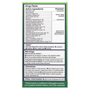 Thành phần vi chất của NatraBio BioAllers Mold Yeast & Dust 60 Tablets 371400710609