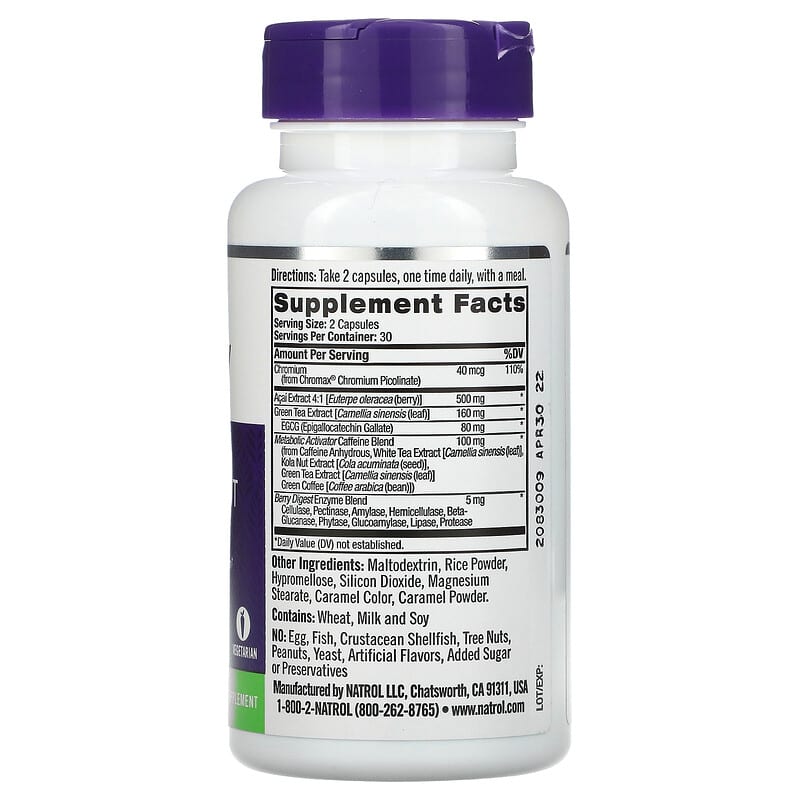 Natrol Acai Berry Diet Weight Management 60 Veggie Capsules 2 Thành phần vi chất của Natrol Acai Berry Diet Weight Management 60 Veggie Capsules 047469055080