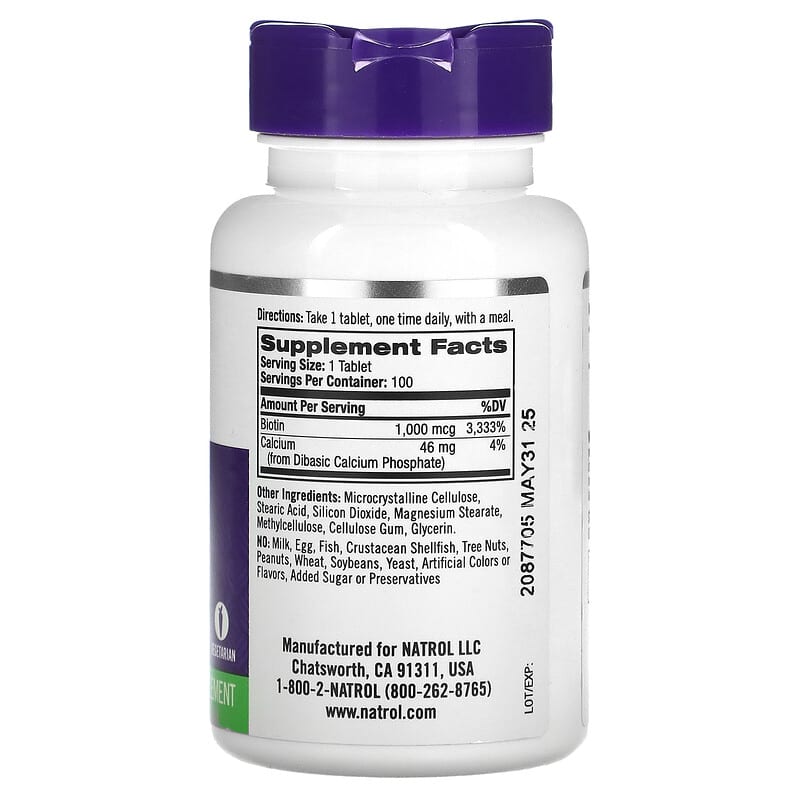 Natrol Biotin 1.000 mcg 100 Tablets 2 Thành phần vi chất của Natrol Biotin 1.000 mcg 100 Tablets 047469052393