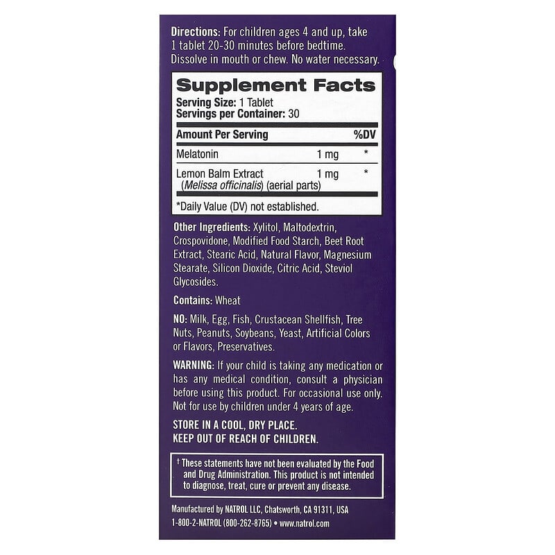 Natrol Kids Melatonin Fast Dissolve Ages 4 & Up Strawberry 30 Tablets 2 Thành phần vi chất của Natrol Kids Melatonin Fast Dissolve Ages 4 & Up Strawberry 30 Tablets 047469076979
